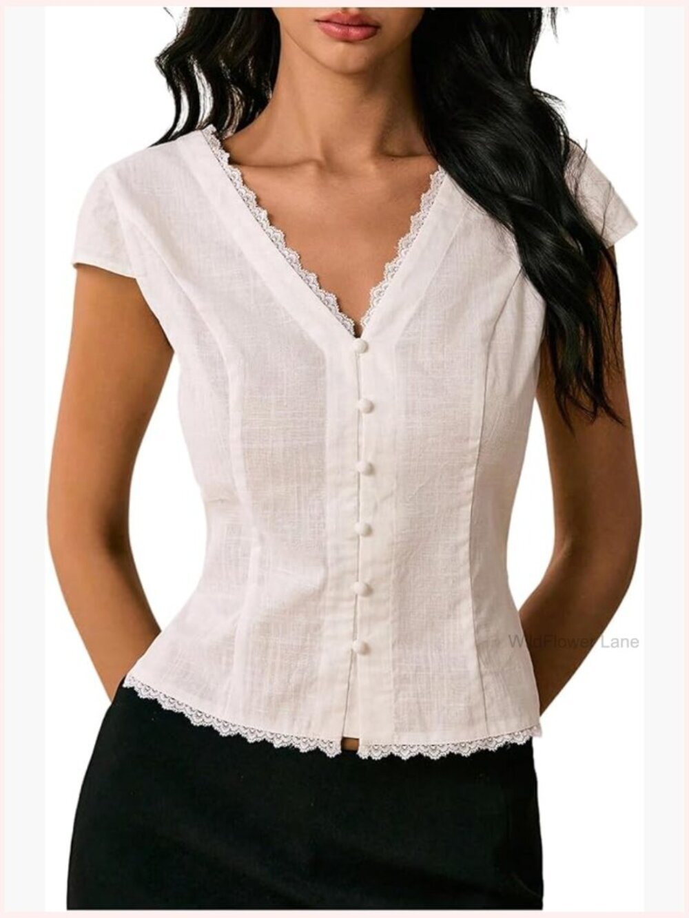 V-Neck Cap Sleeve Lace Button Down Blouse Tie Back Going Out Top